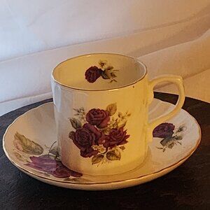 Golden Crown Fine Bone China England Purple Rose Cup and Saucer